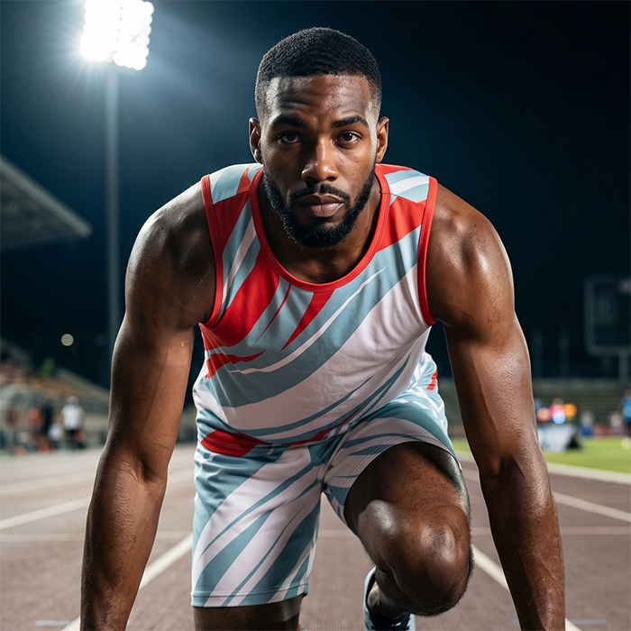 Male athlete wearing a red, grey and white sleeveless sports vest.
