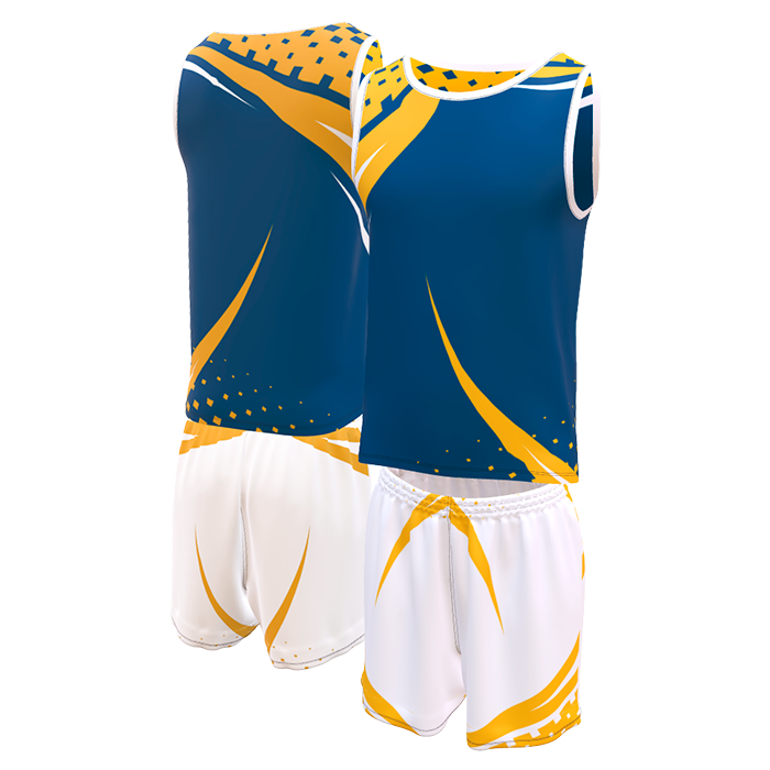Navy and yellow sleeveless sports jersey.
