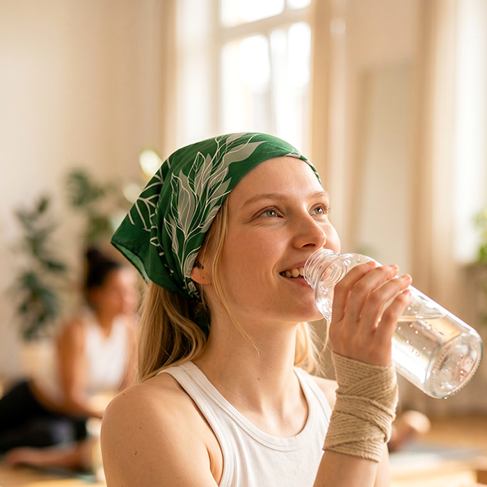 Female model wearing a green patterned sports headband.