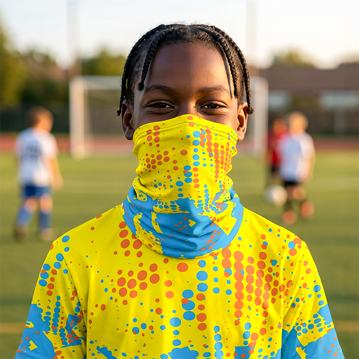 Female athlete wearing a yellow and green sports neck gaiter.