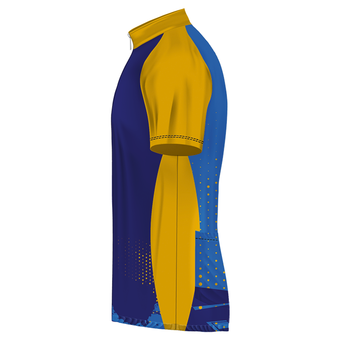 Yellow and blue cycling jersey shown from the side.