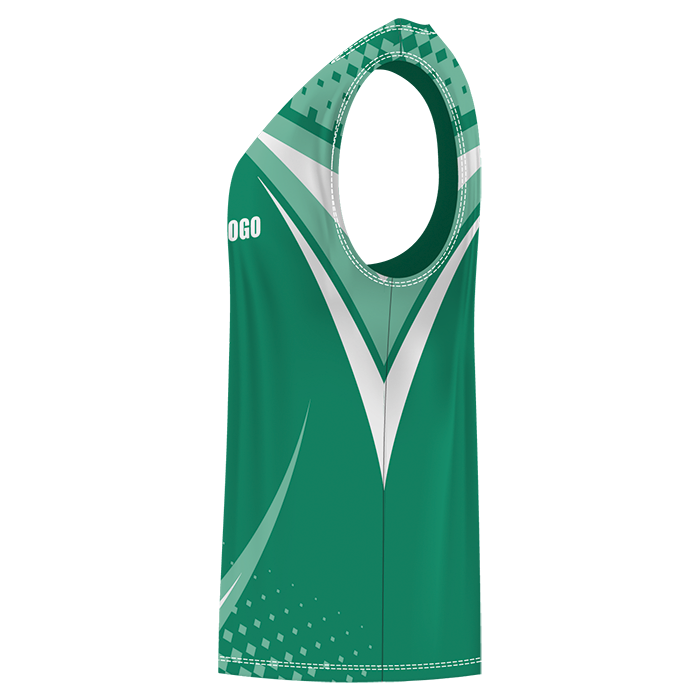 Green and white sleeveless rugby jersey.