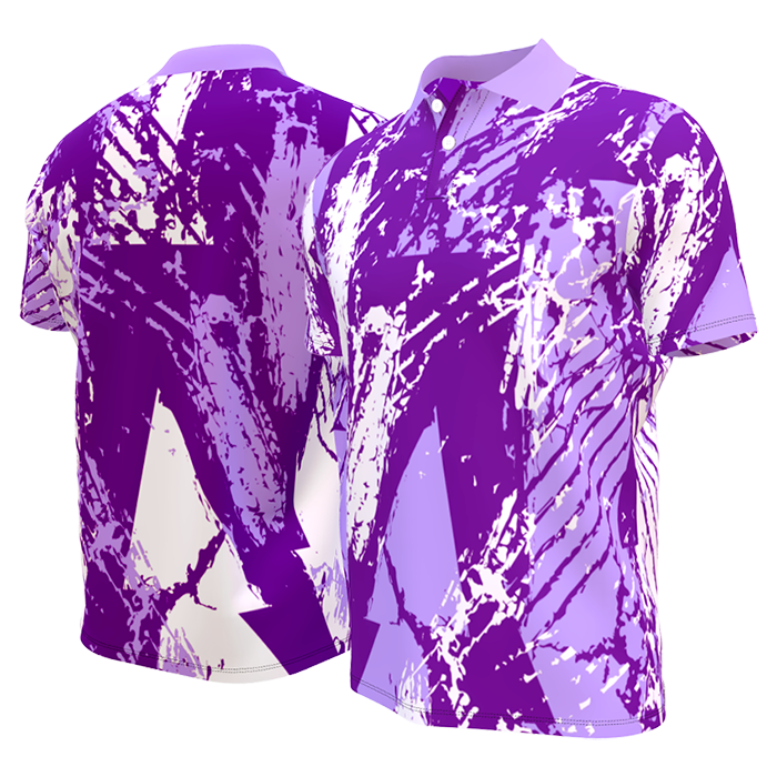 Purple and white sublimated short-sleeve sports jersey.