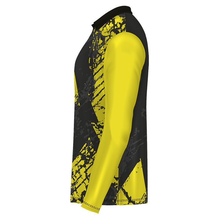 Black and yellow long-sleeve sports jersey shown from the side.