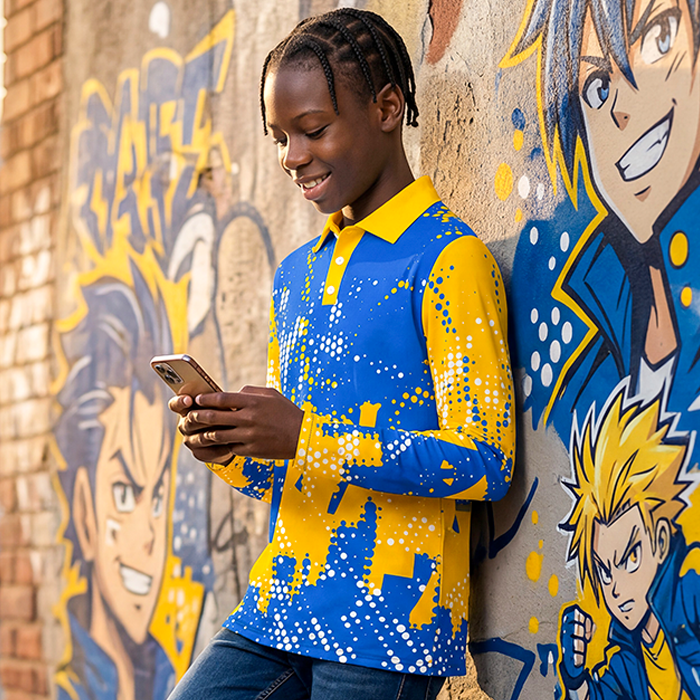 Male athlete wearing a yellow and blue performance sports jersey.