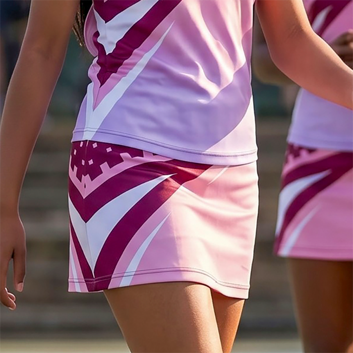 Female athlete wearing purple and white sports shorts.
