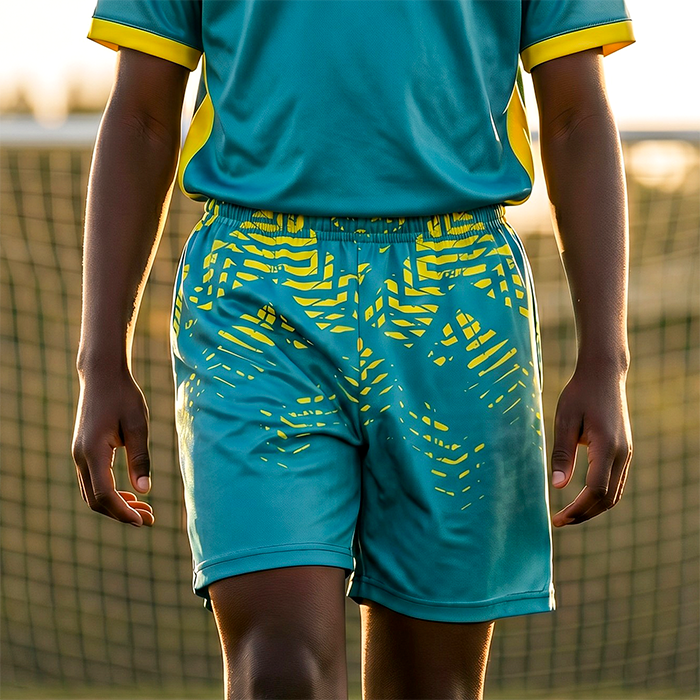 Male athlete wearing teal sports shorts with yellow pattern.
