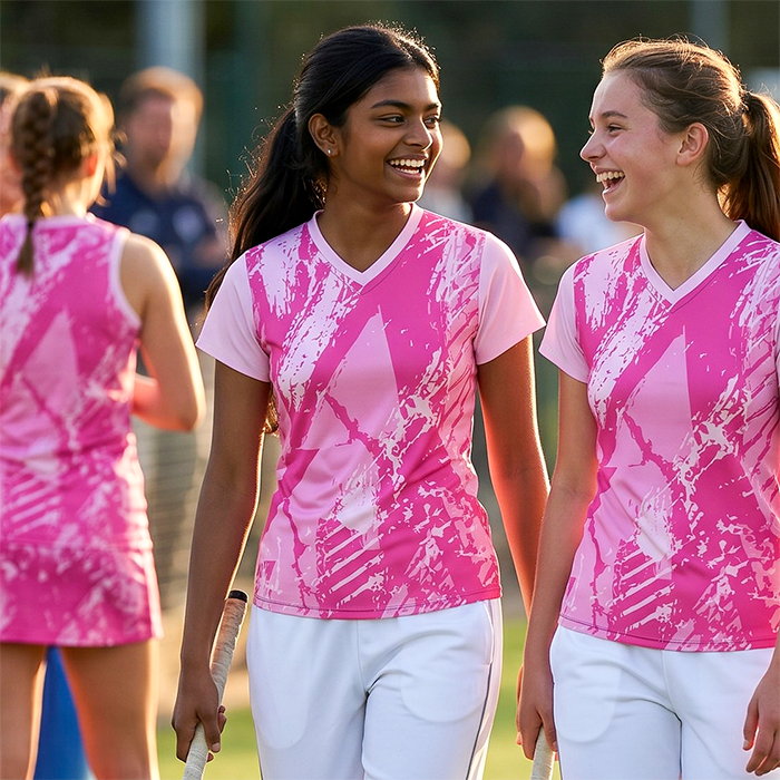 Female athletes wearing pink team uniforms.