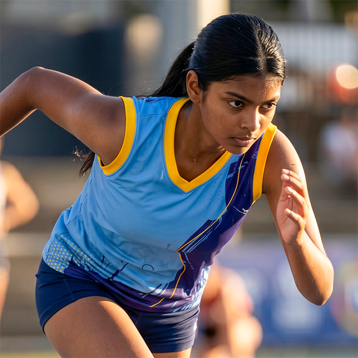 Female athlete wearing a blue and yellow sports vest.