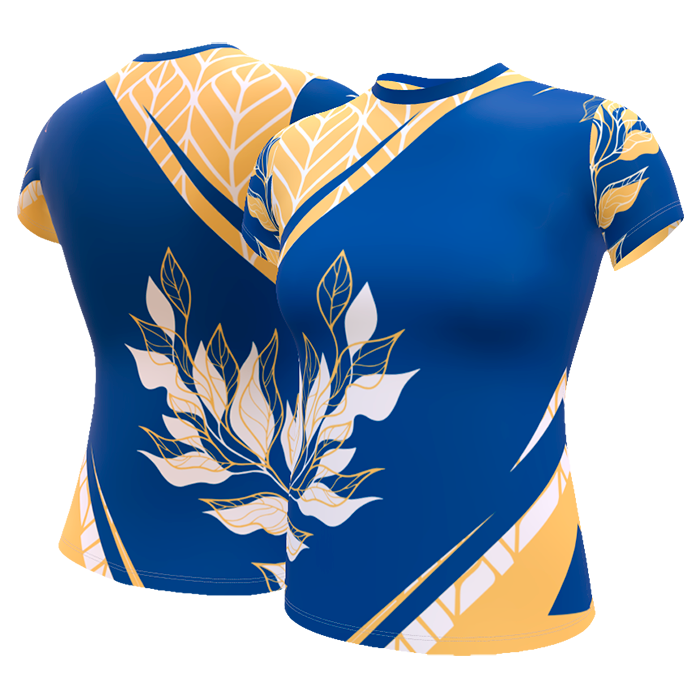 Blue and orange floral sublimated sports shirt.