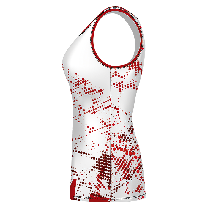 White and red sleeveless sports jersey.