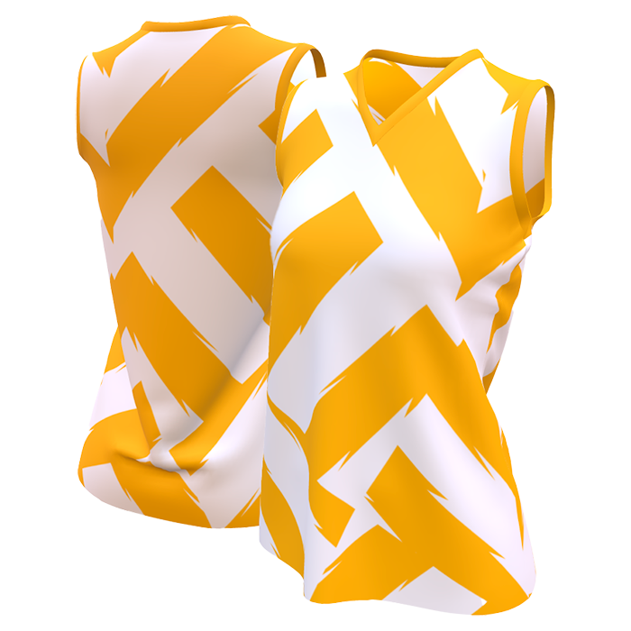 Yellow and white sleeveless netball dress.