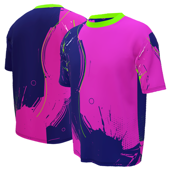Pink, purple and navy sublimated sports shirt design.