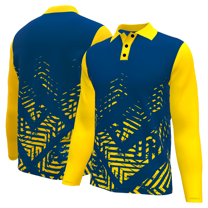 Navy and yellow long-sleeve sports jersey.