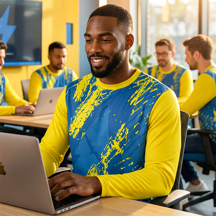 Male athlete wearing a yellow and blue sports jersey.