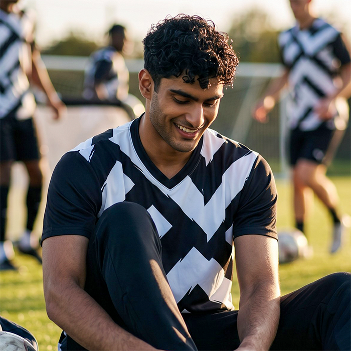 Male athlete wearing a black and white sports jersey.