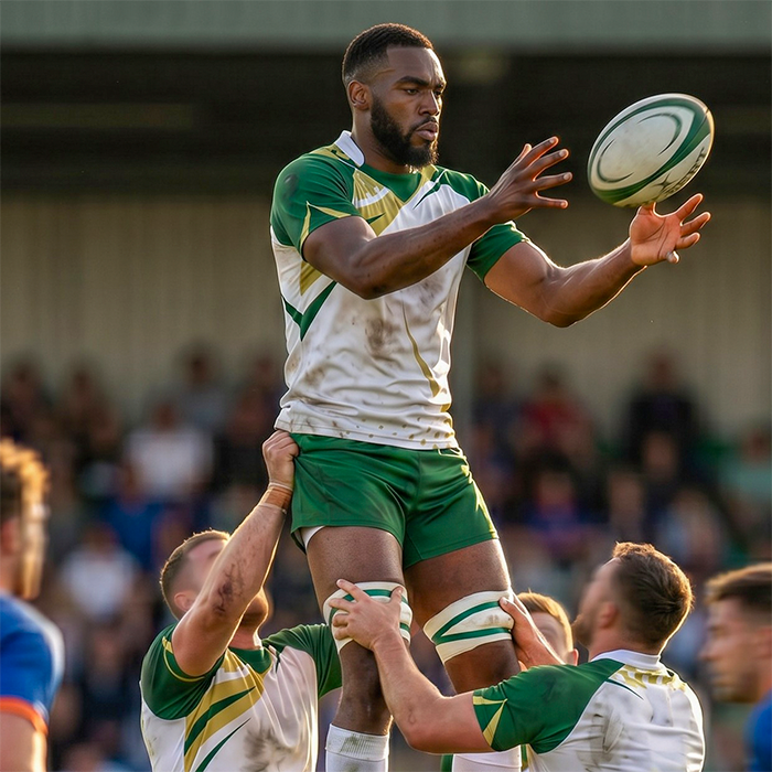 Rugby player wearing a green and white performance jersey.
