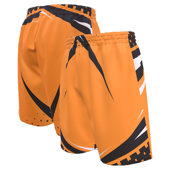 Orange athletic shorts with navy drawstring.