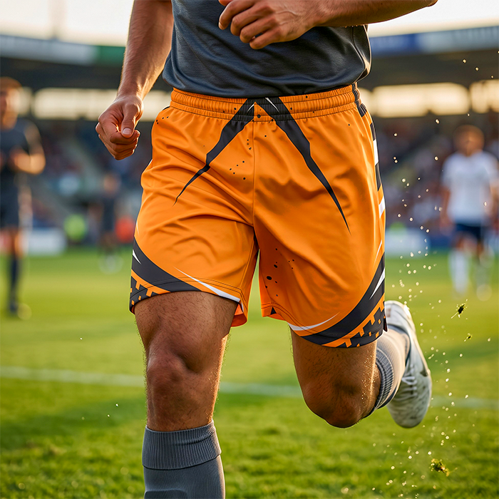 Male athlete wearing orange sports shorts during a match.