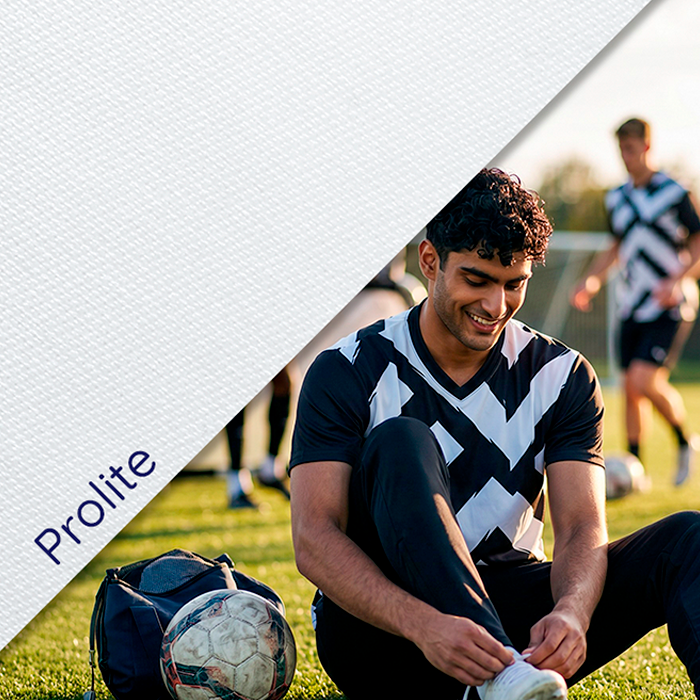 White sports fabric with printed athlete graphic.