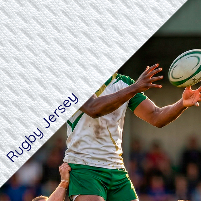 Close-up of rugby jersey fabric and printed design.