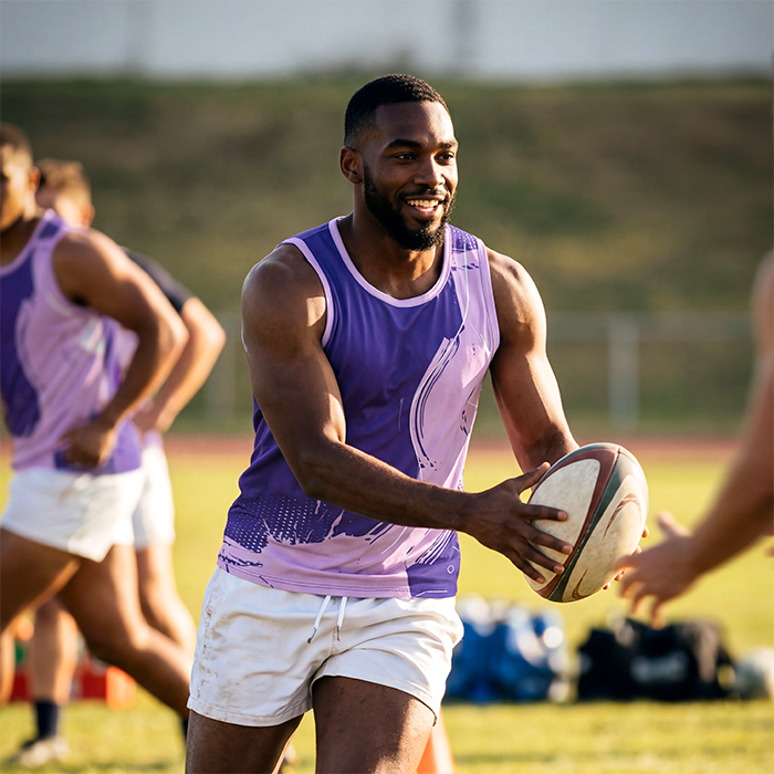 Male athlete wearing a purple sleeveless sports vest.