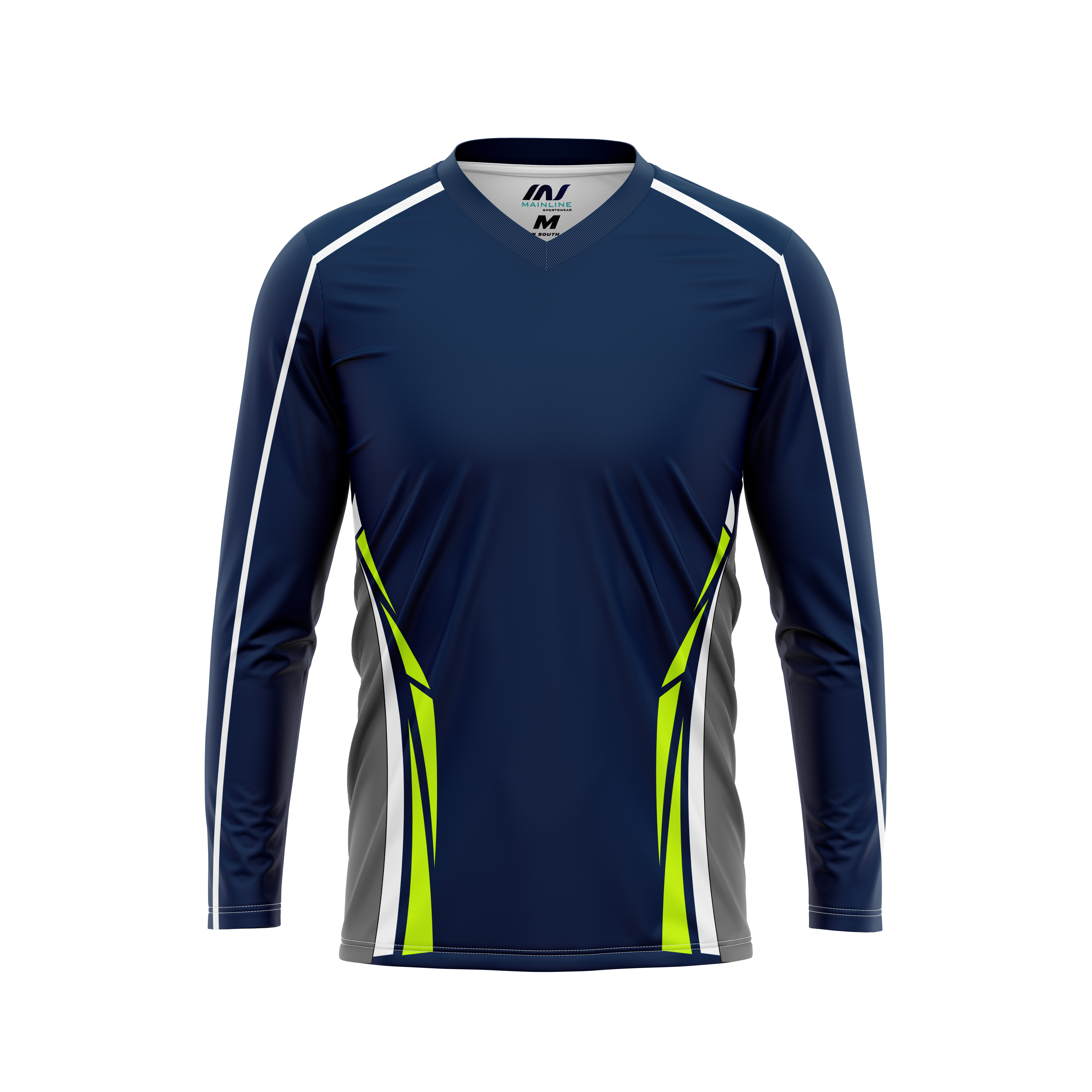 Navy performance jersey with white piping and V-neck collar.