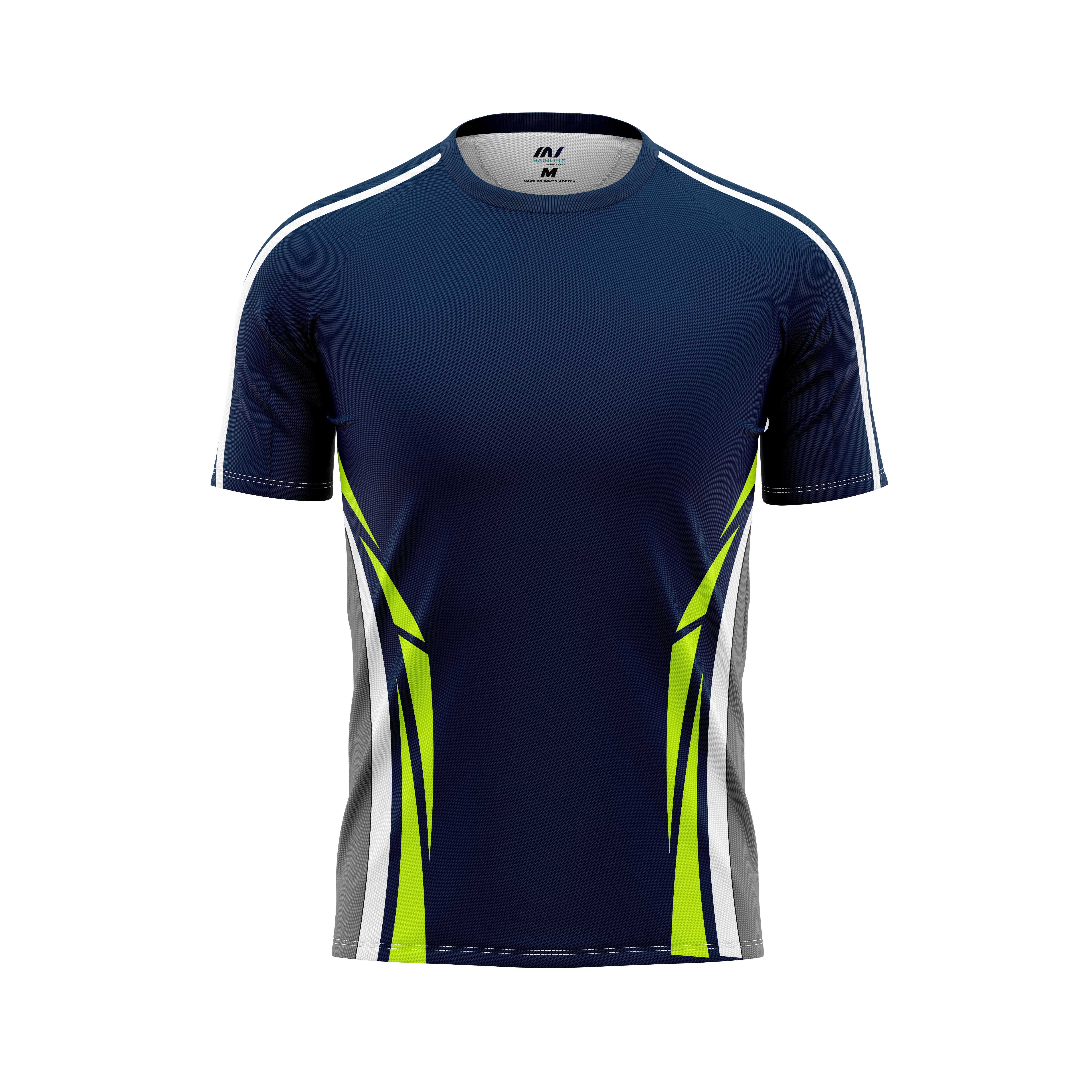 Navy performance sports jersey with lime and white detailing.