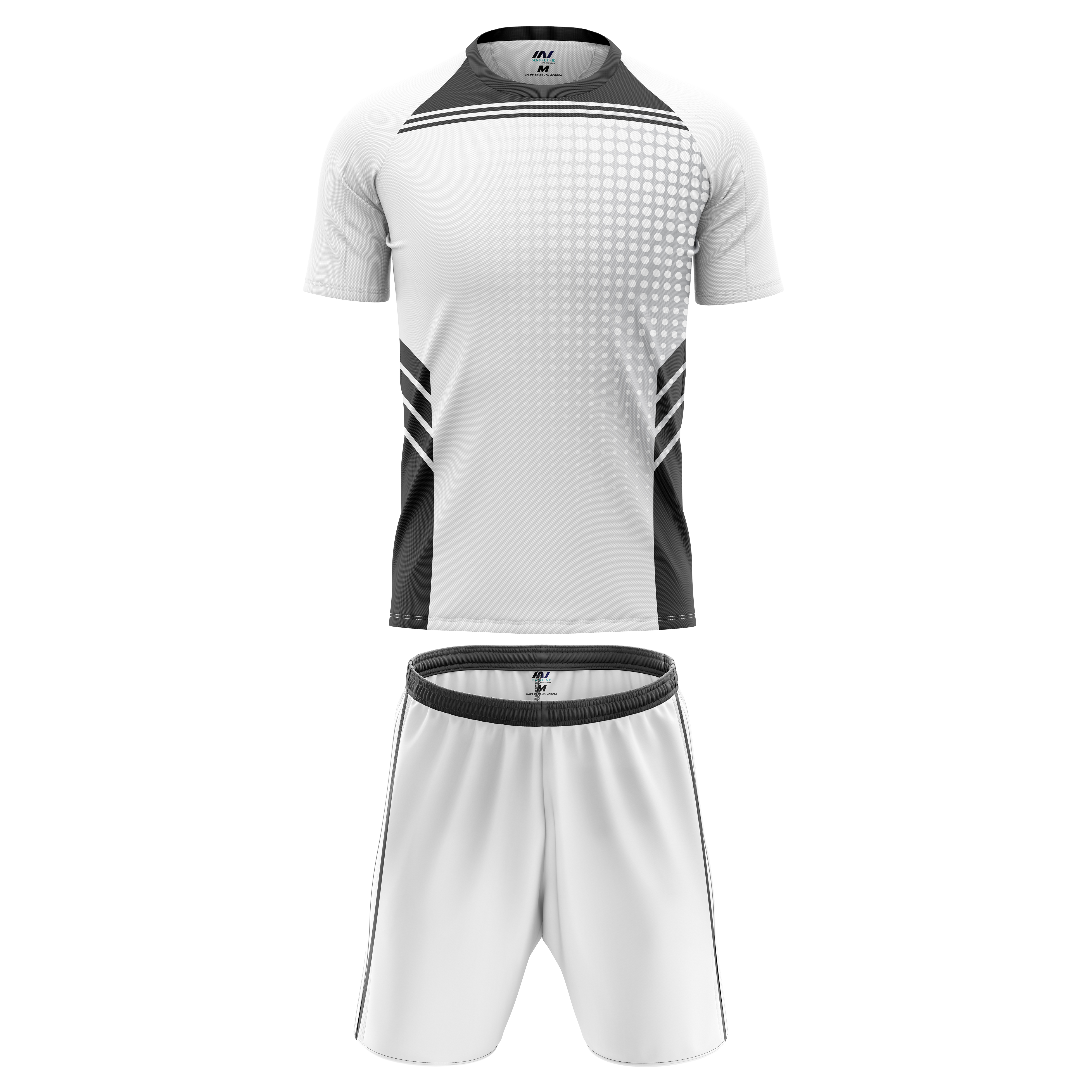 White and black soccer kit with matching shorts.