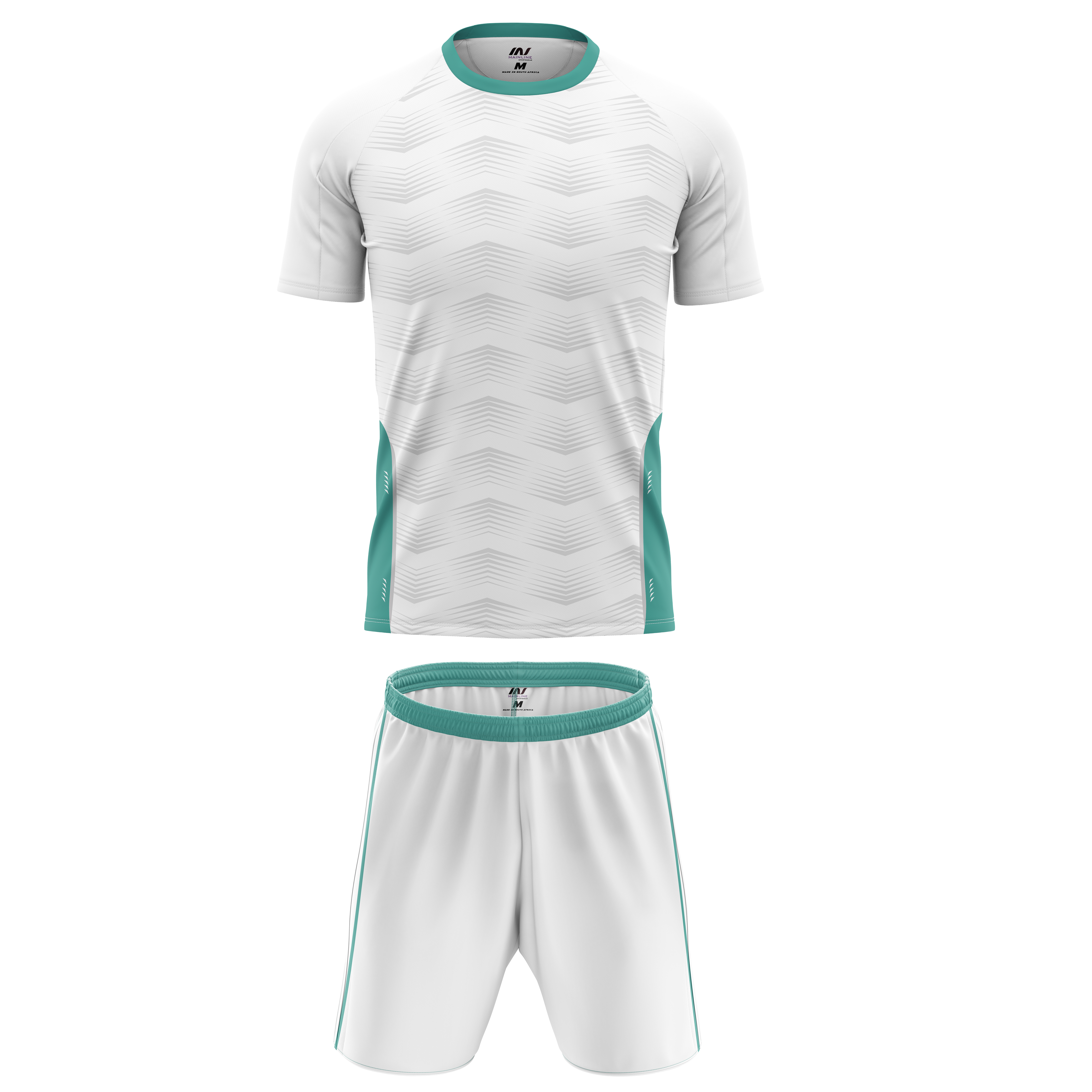 White and mint soccer kit with subtle patterned design.