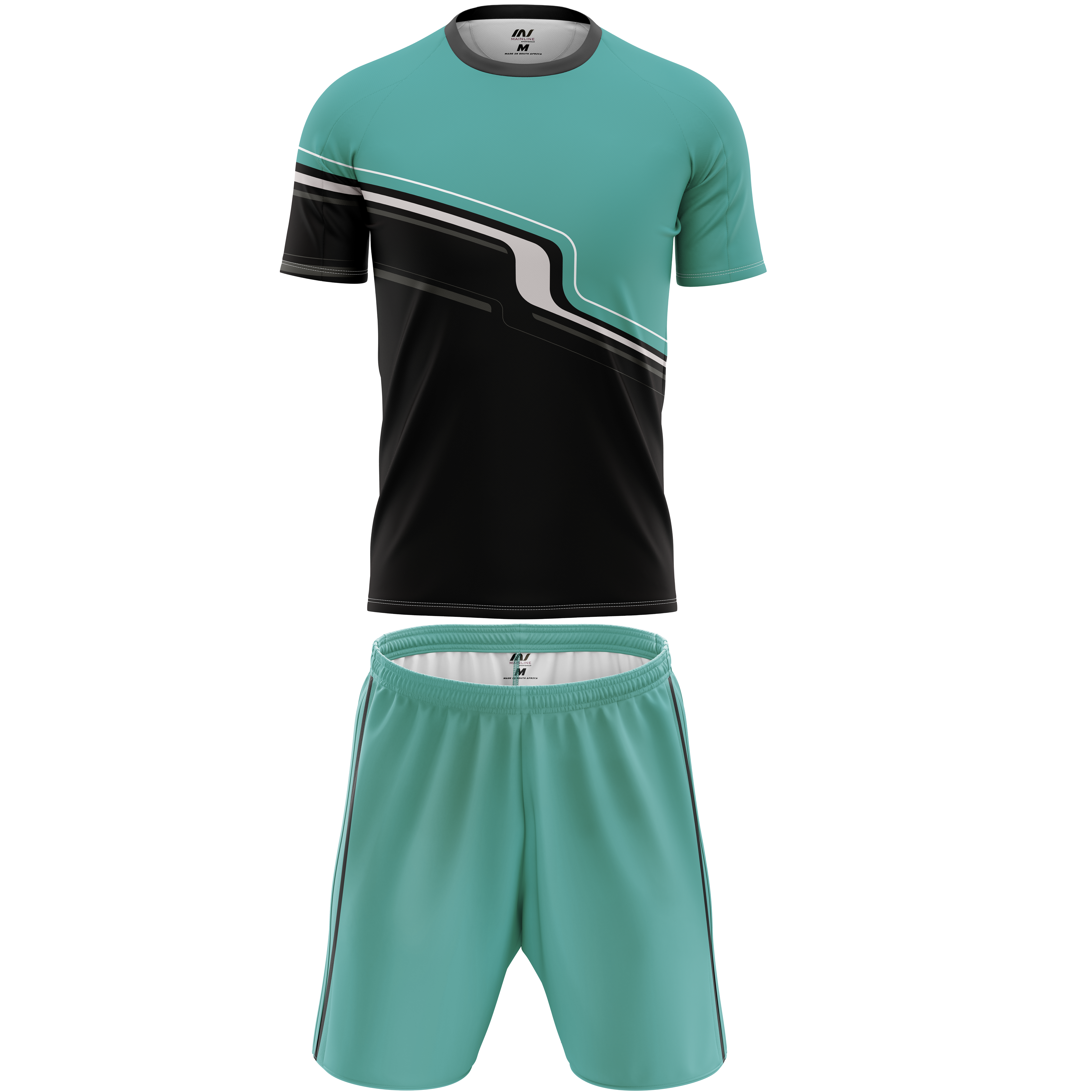 Mint and black soccer kit with diagonal colour-block design.