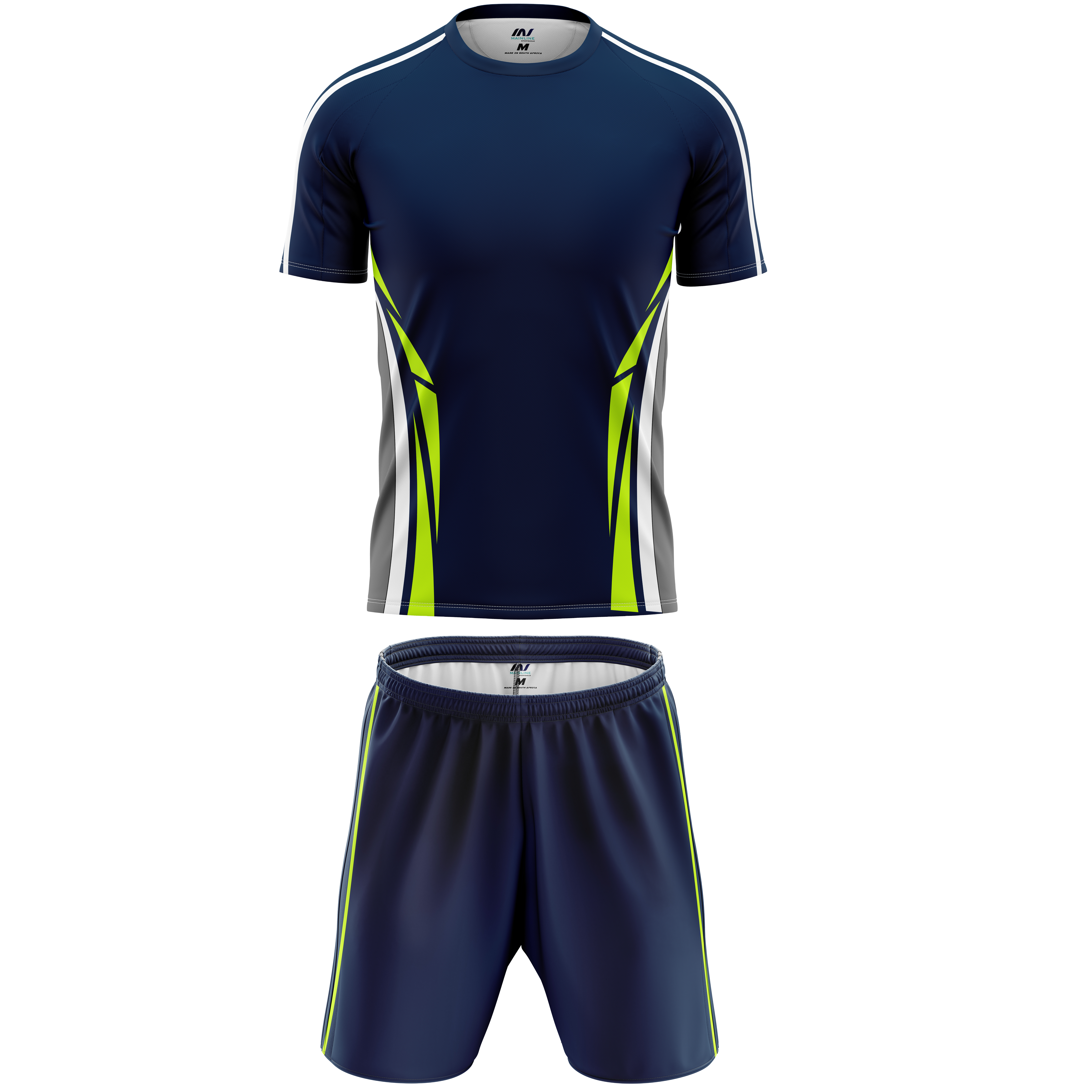 Navy soccer kit with lime side accents and matching shorts.
