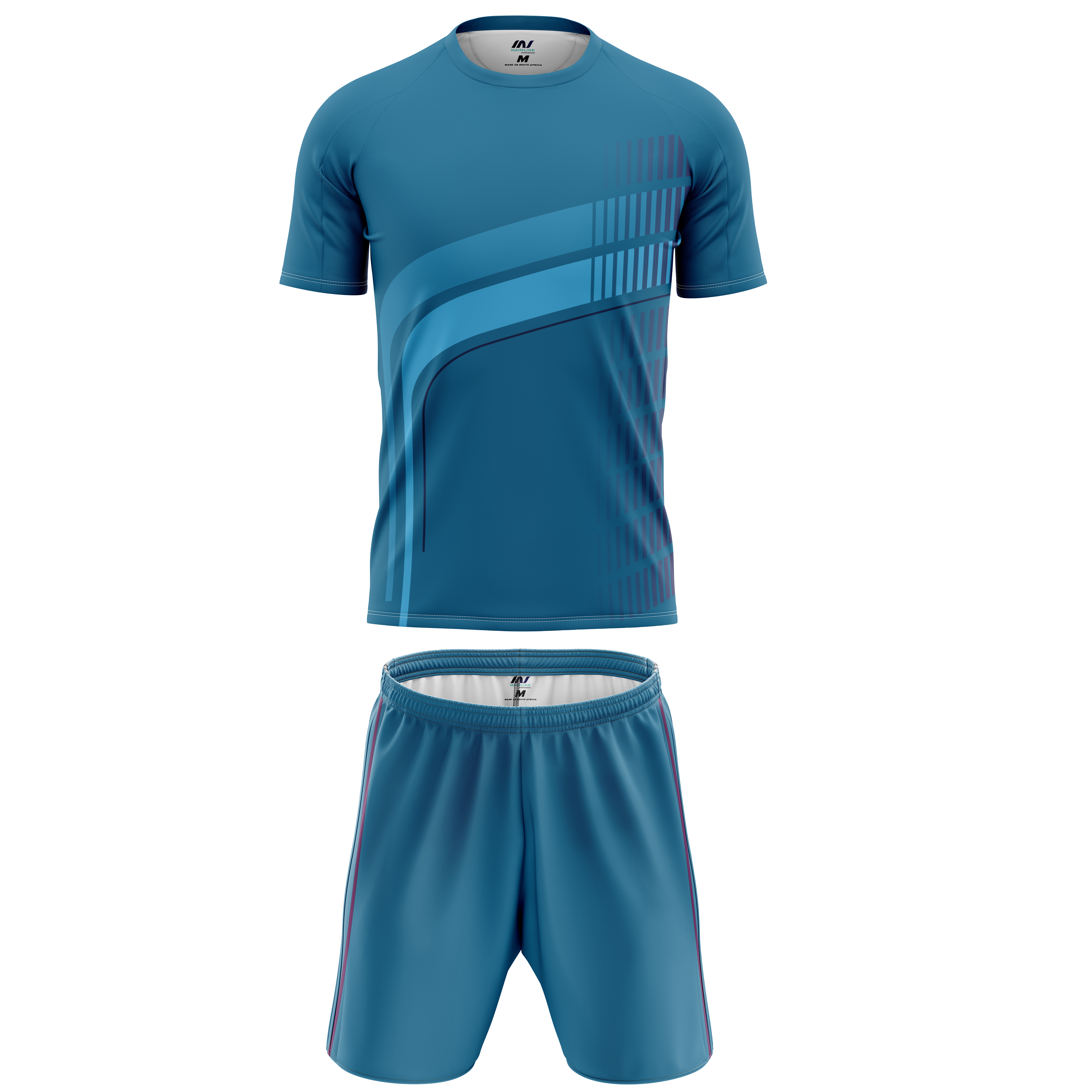 Blue soccer kit with diagonal tonal design and matching shorts.
