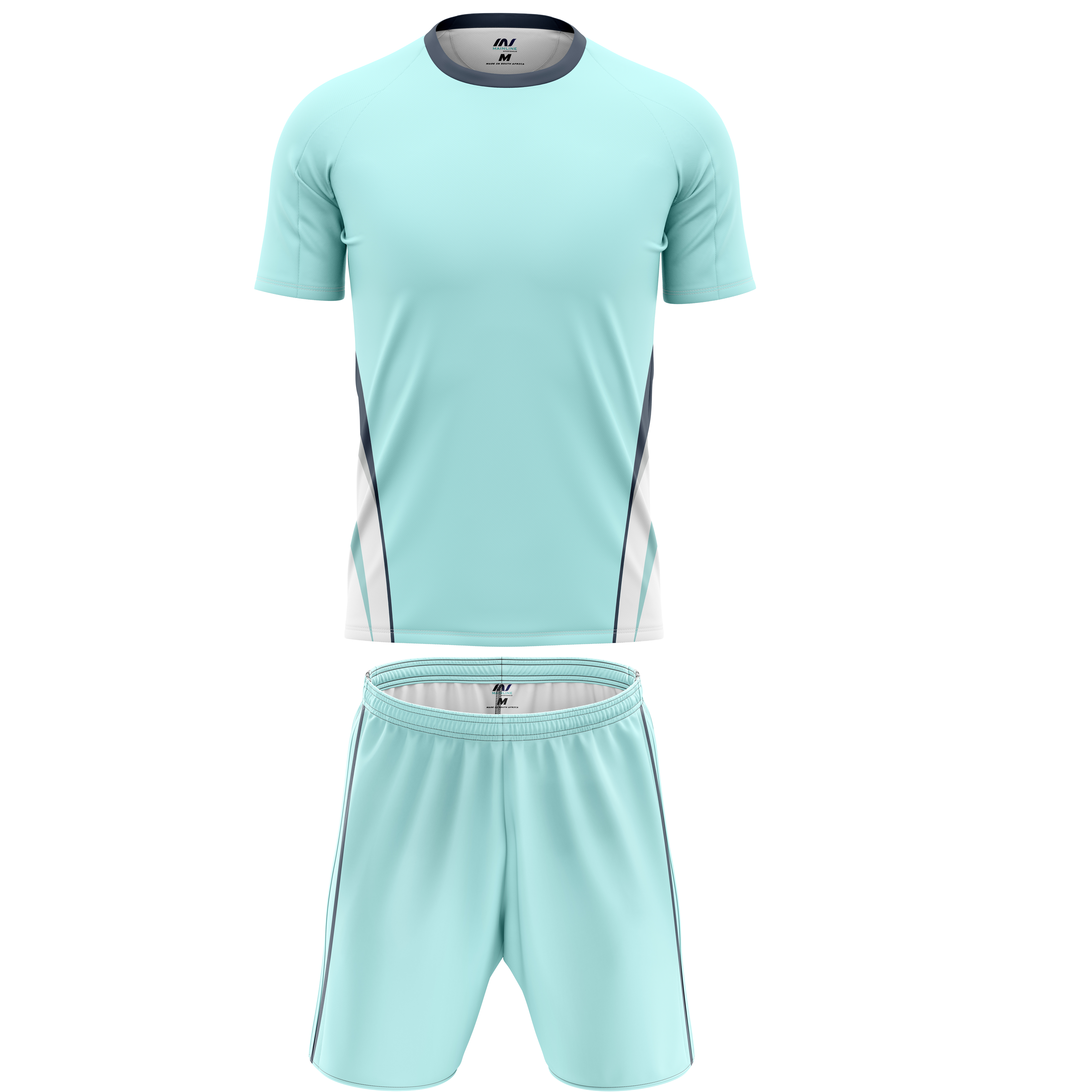 Mint soccer kit with short-sleeve jersey and matching shorts.