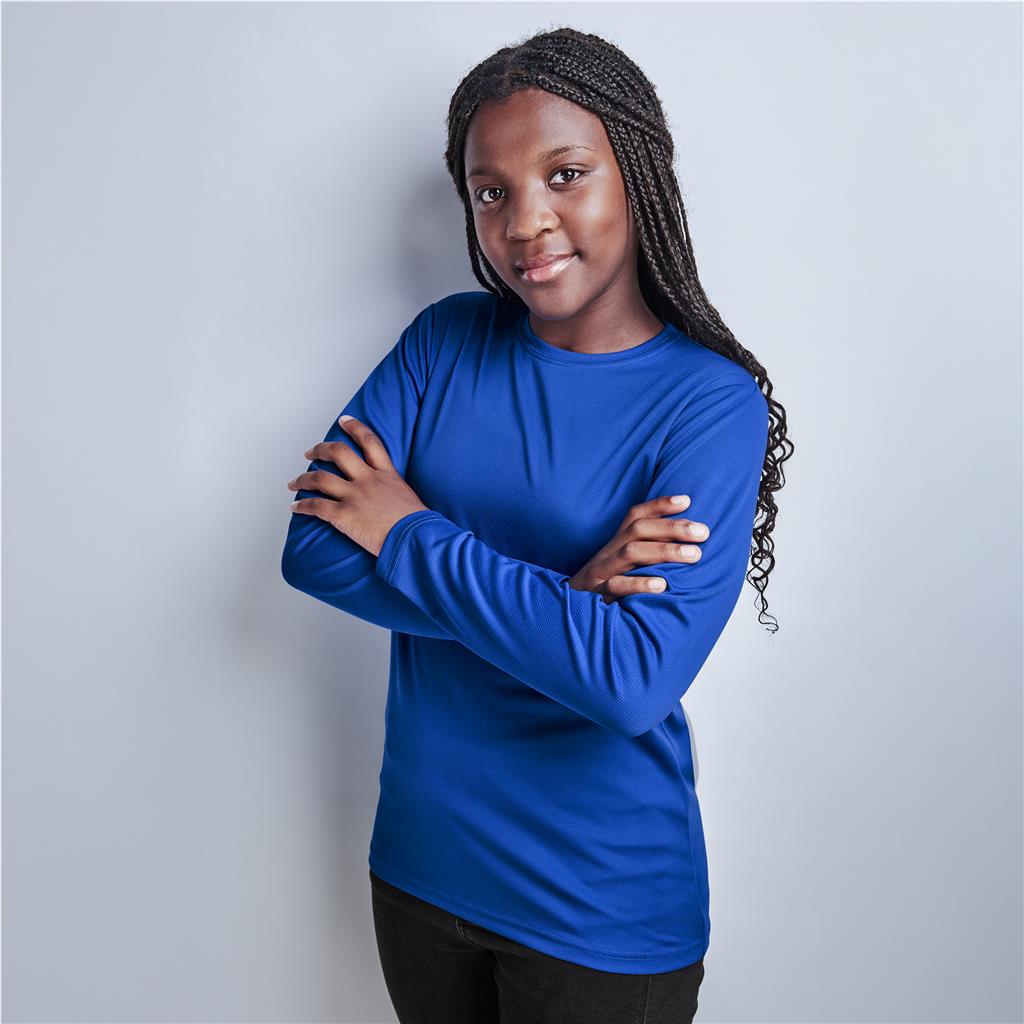 Female model wearing a royal blue long-sleeve branded top.