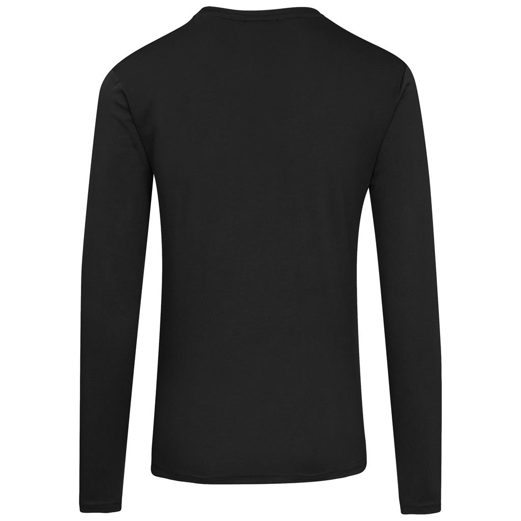 Black long-sleeve crew neck top shown from the back.