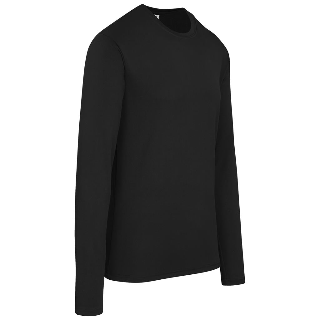 Black long-sleeve crew neck top shown from the side.