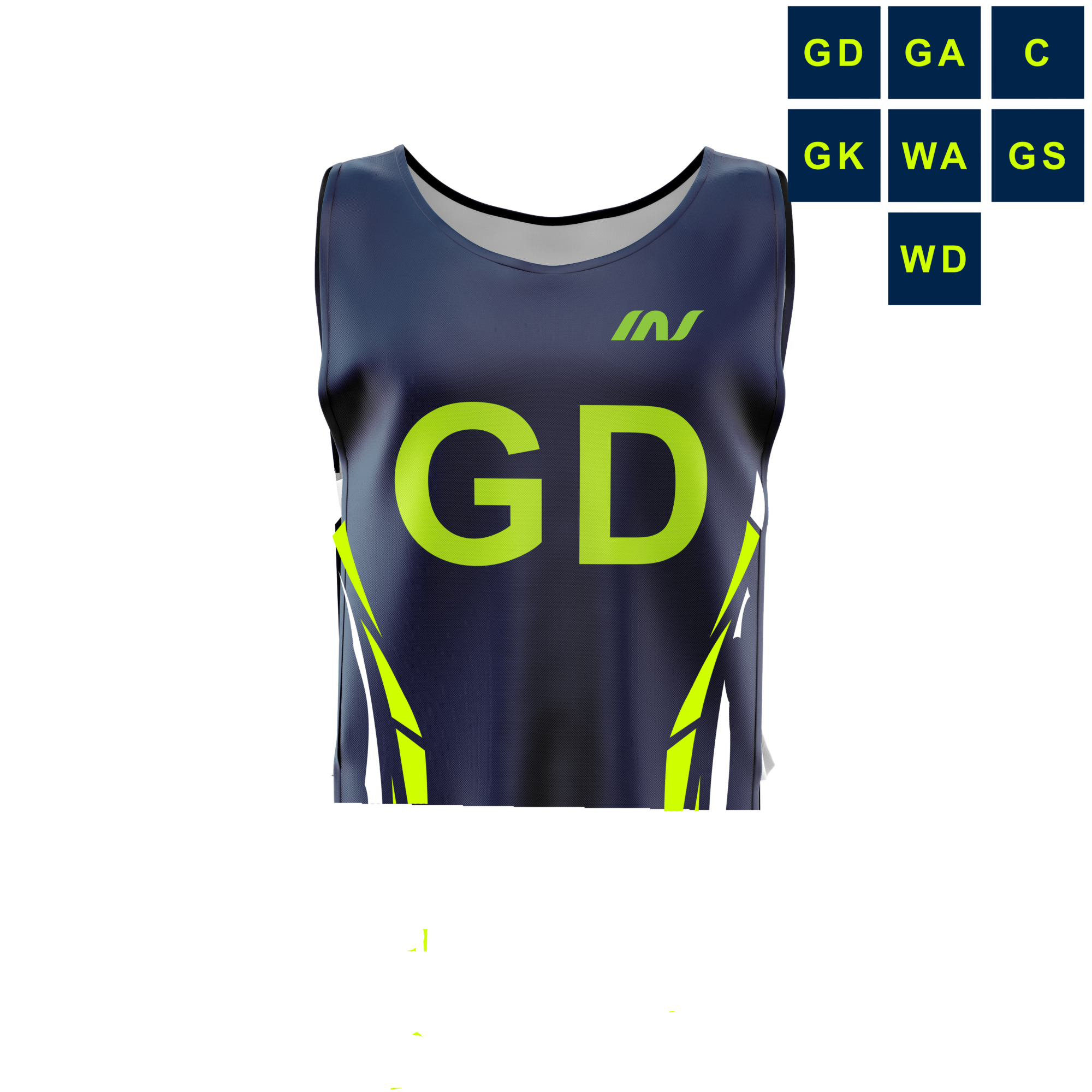 Navy training bib featuring GD player position lettering.