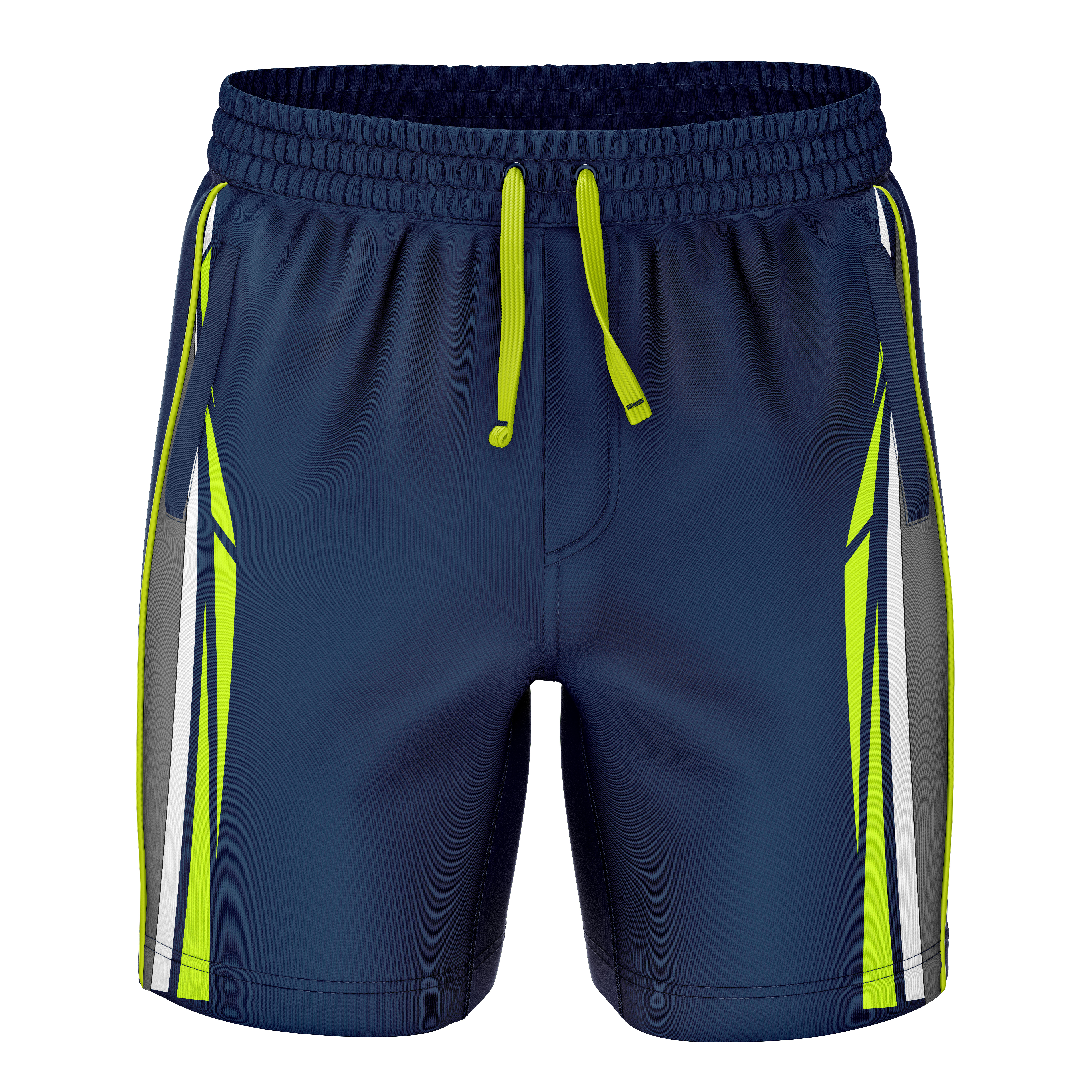 Navy sports shorts with lime trim and drawstring waist.