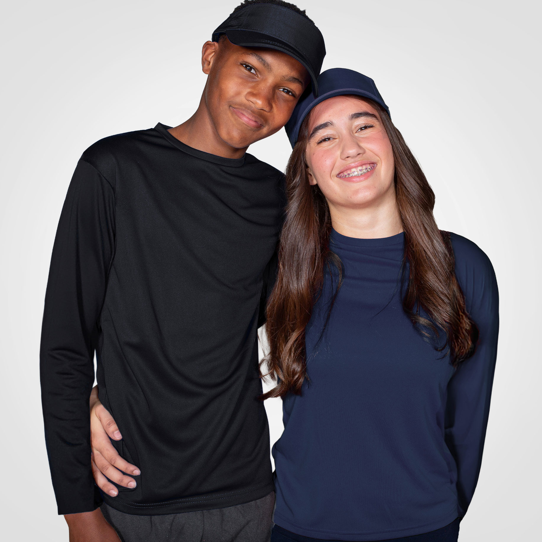 Male and female models wearing matching branded casualwear.