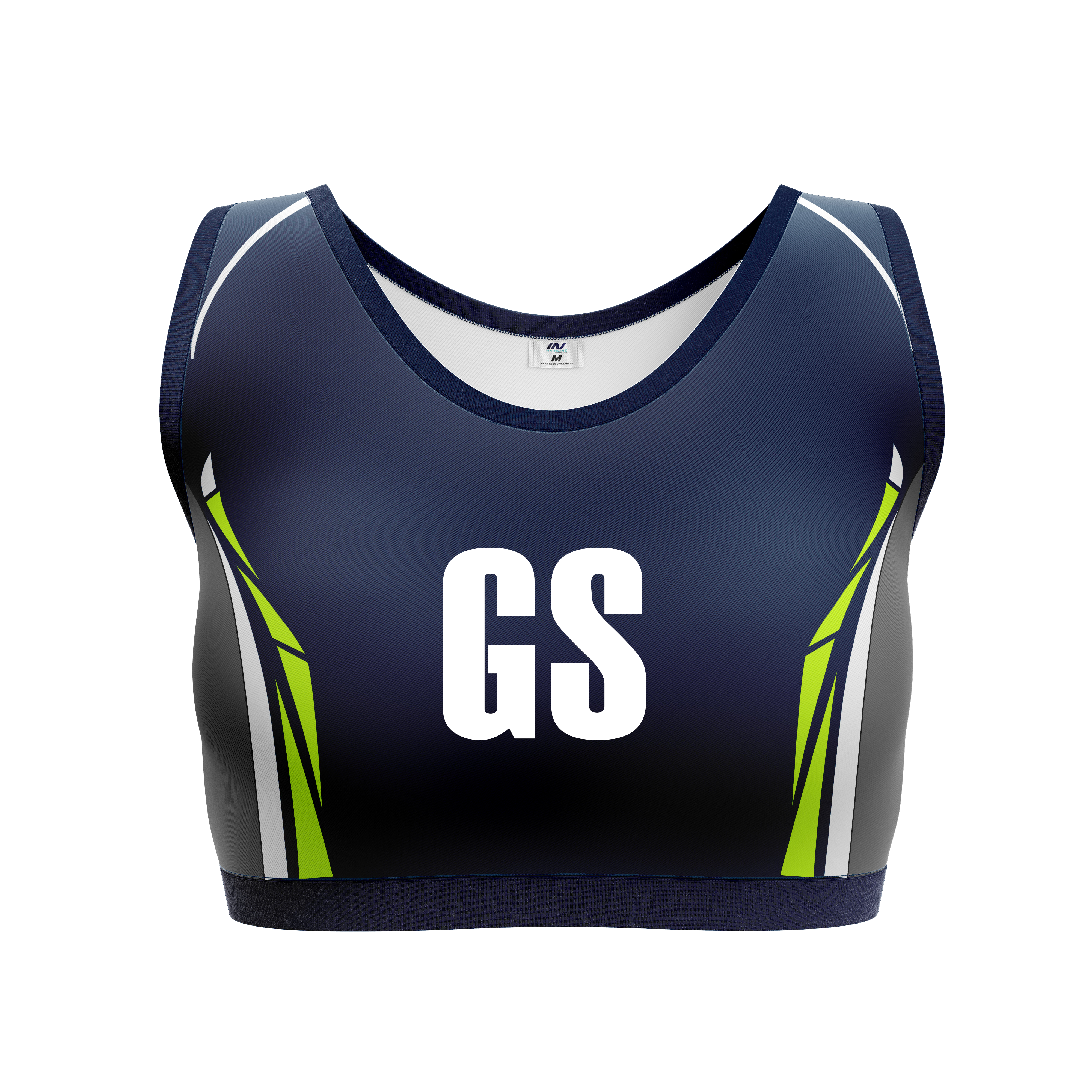 Navy netball training bib with white GS position lettering.