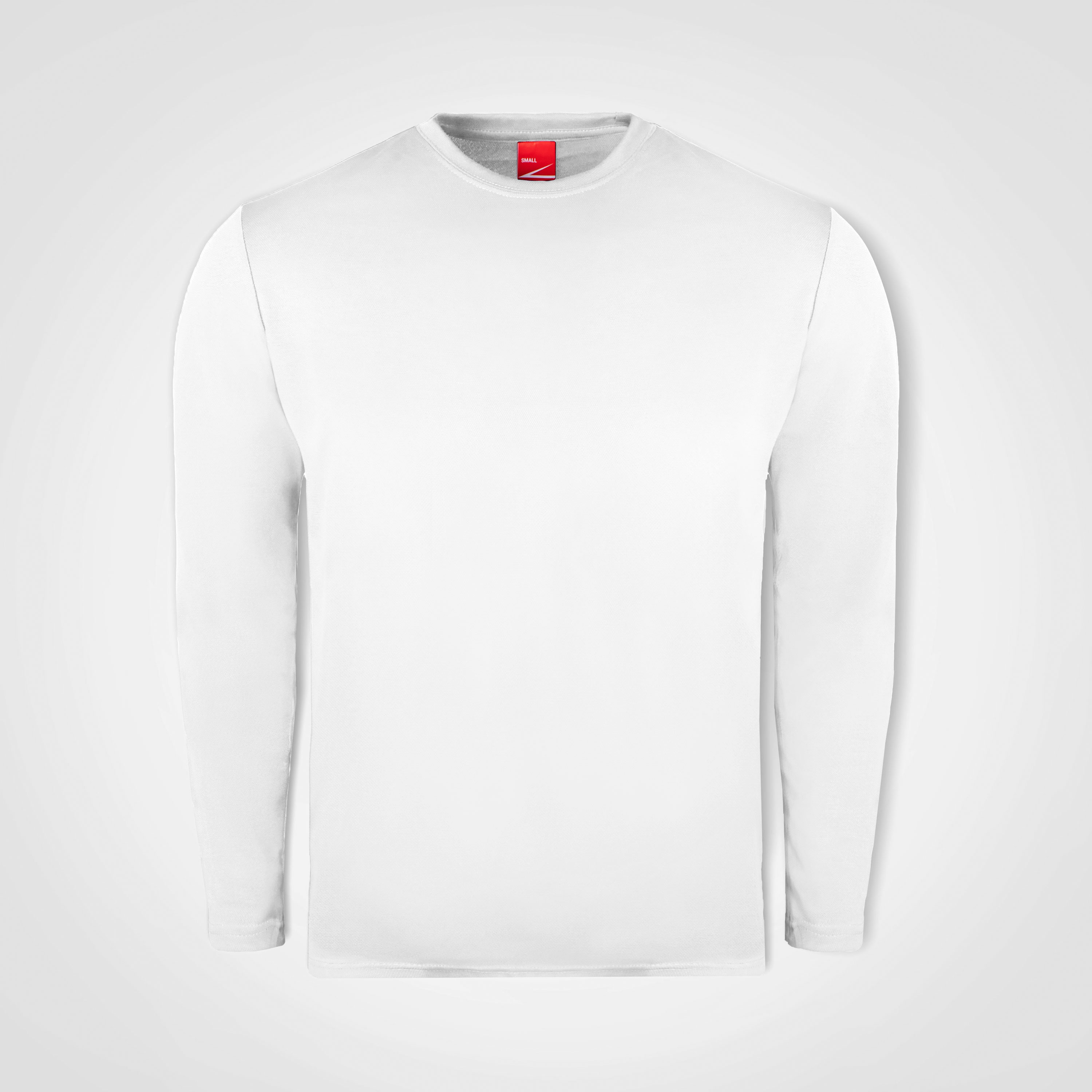 White long-sleeve knit top shown from the front.