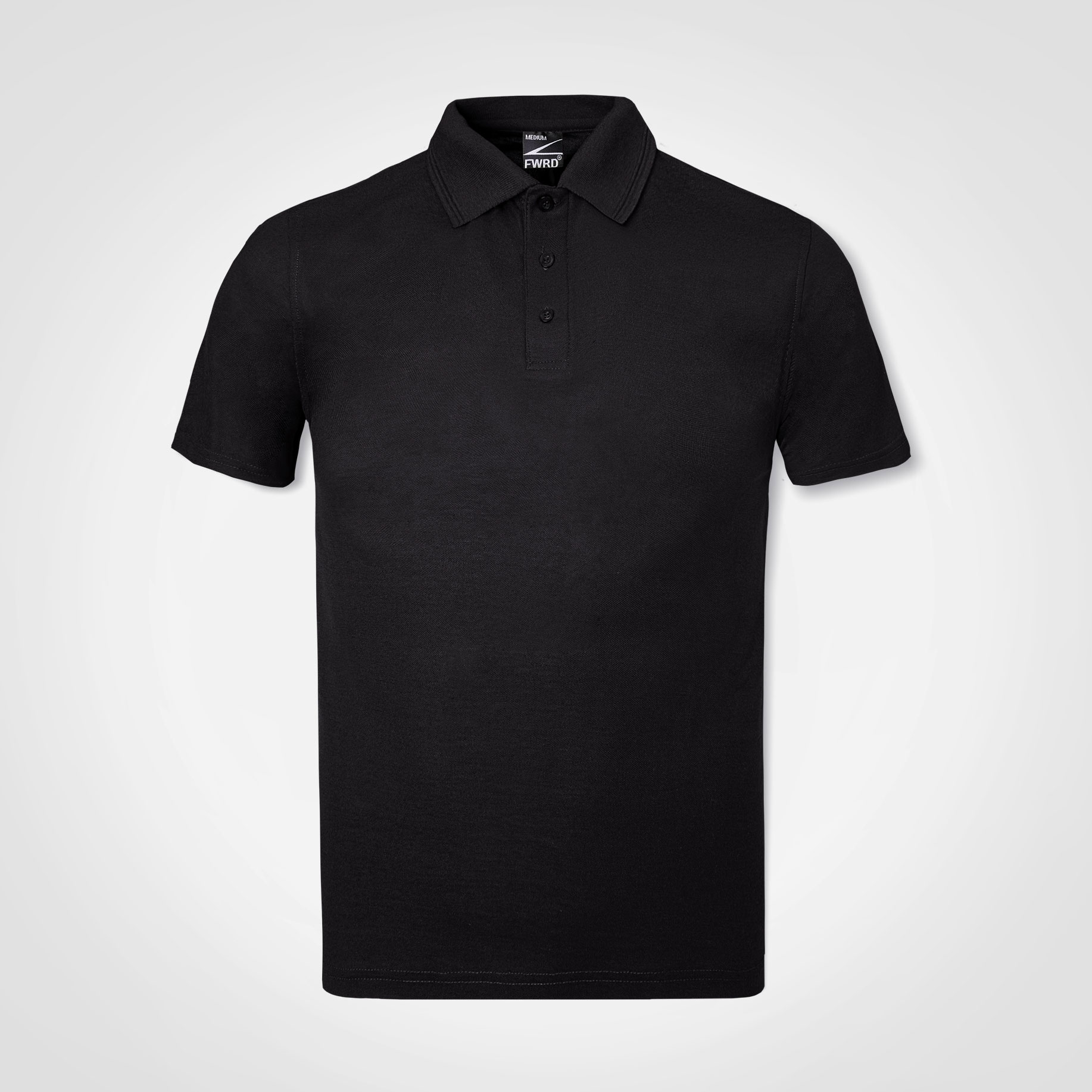 Black short-sleeve polo shirt for corporate branding.