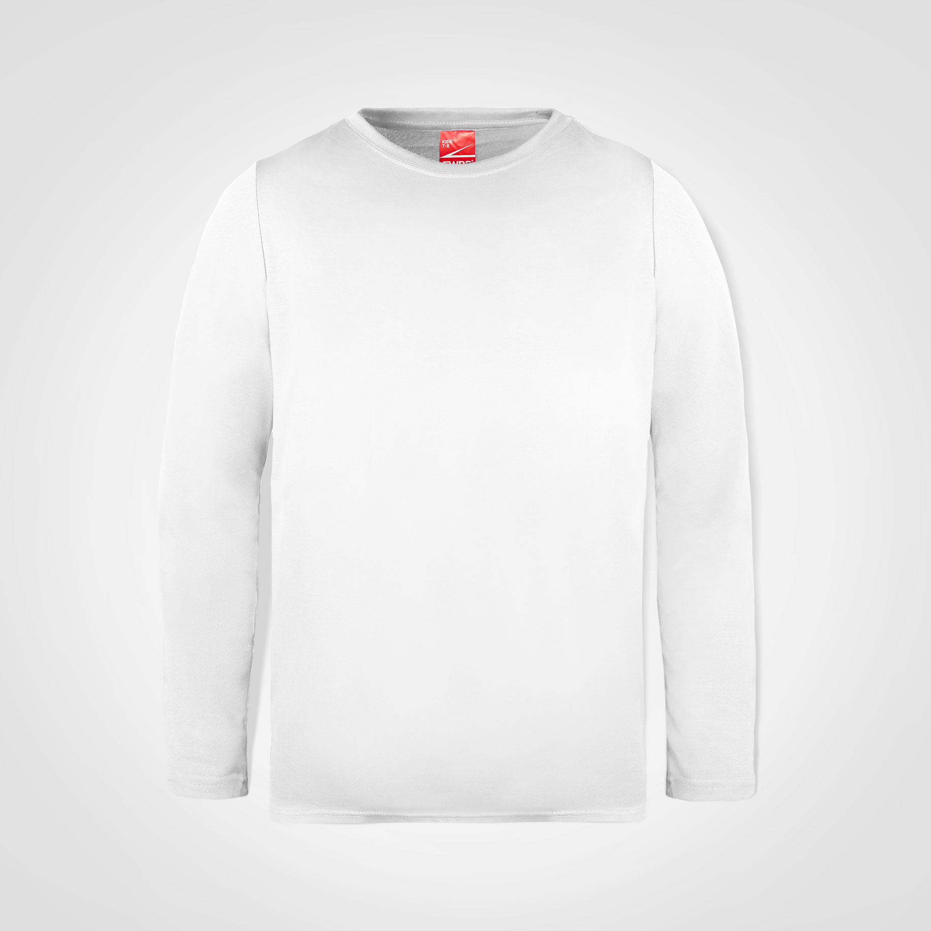 White long-sleeve crew neck top for corporate branding.