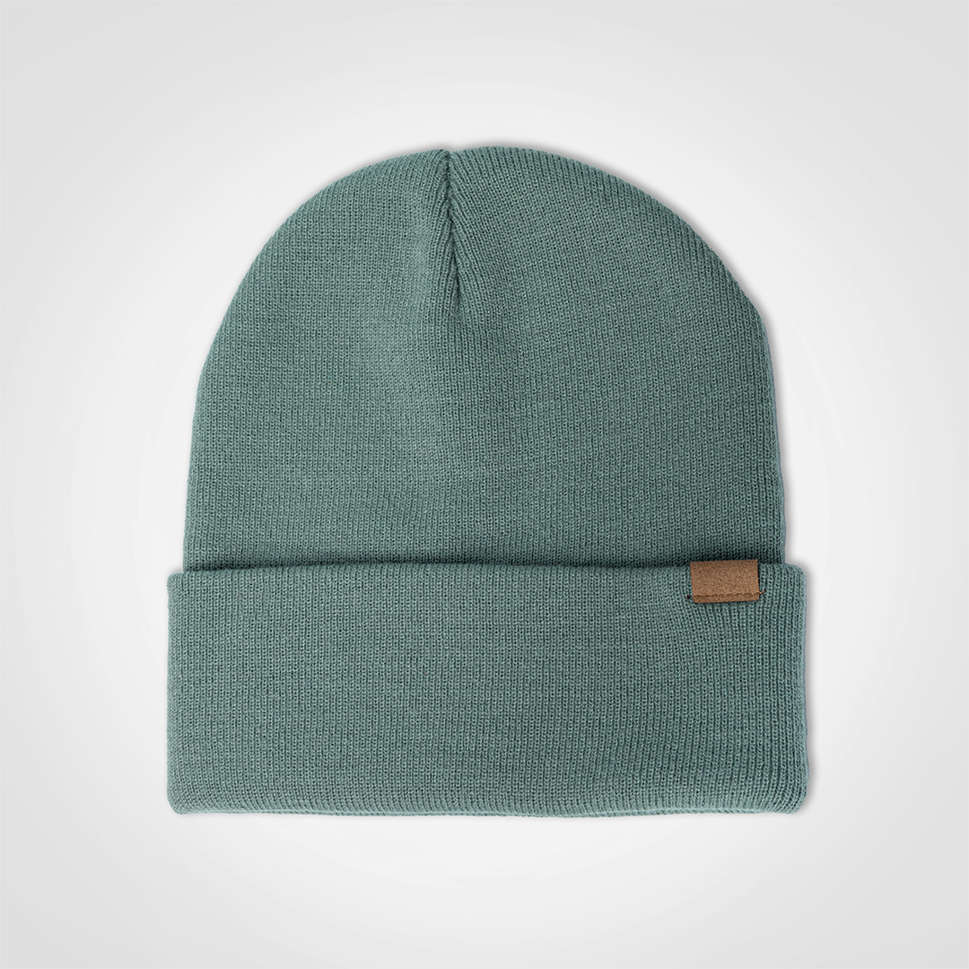 Sage green knit beanie shown from the front.