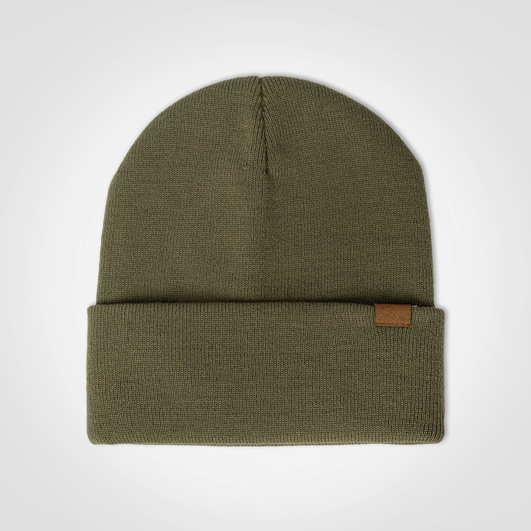 Olive green knit beanie shown from the front.