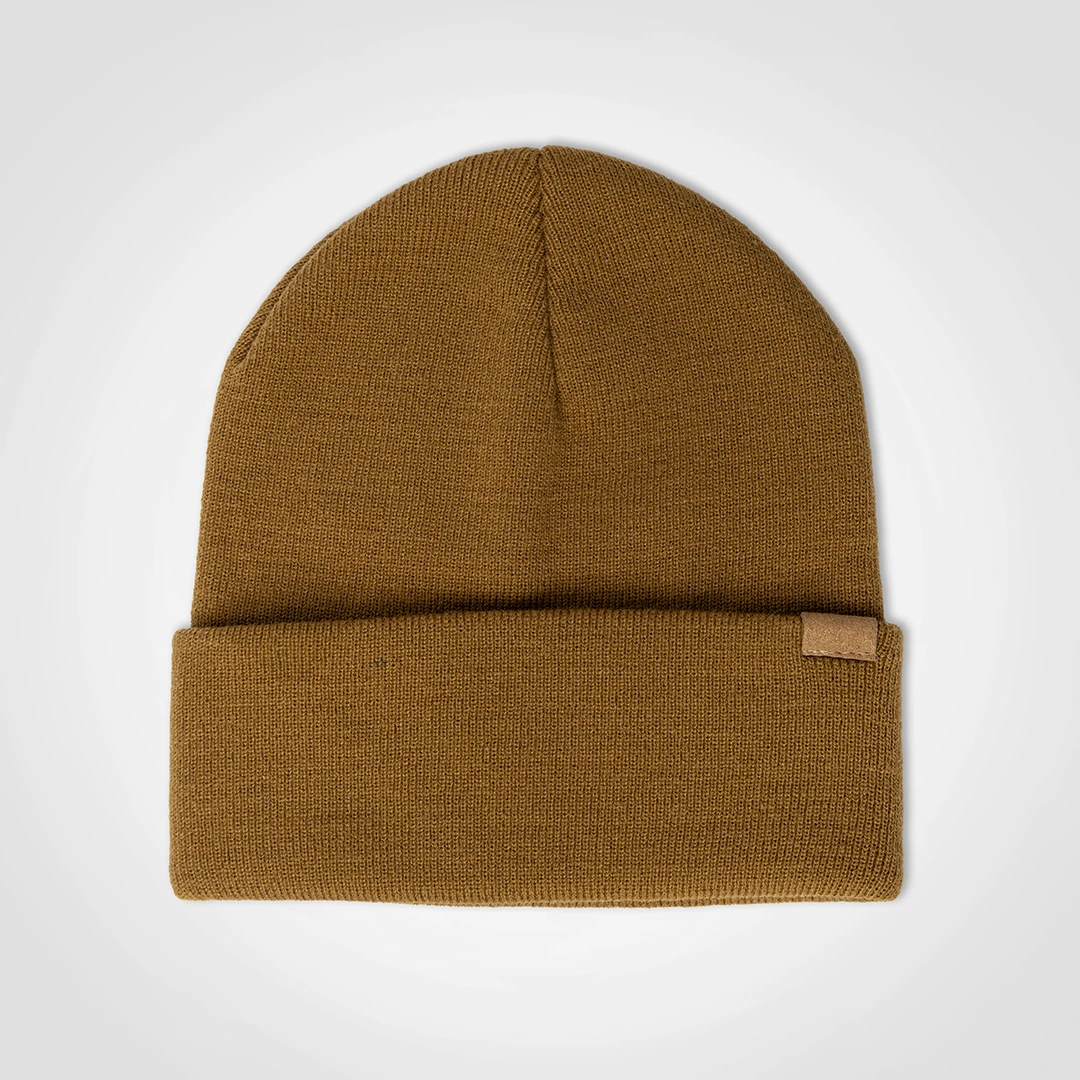 Mustard knit beanie shown from the front.