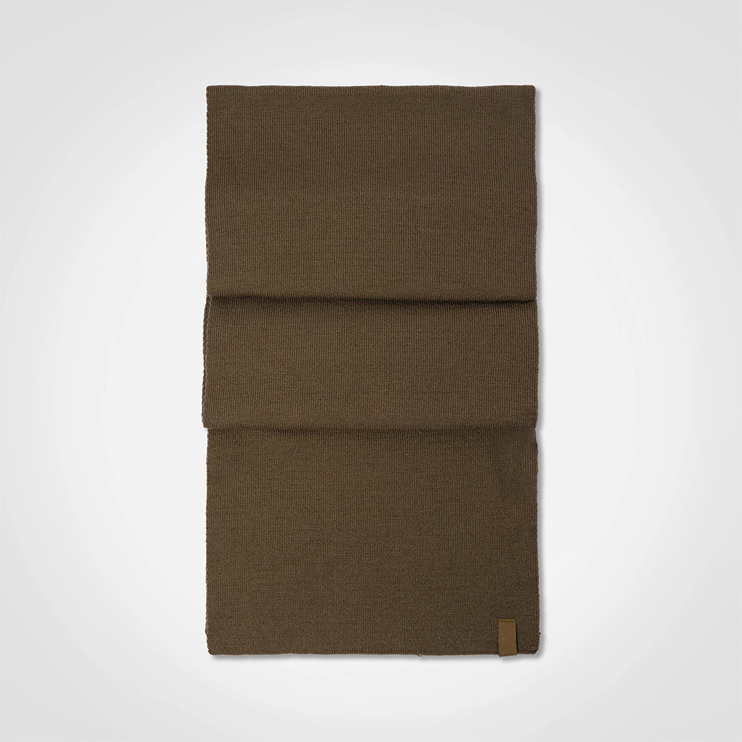 Brown knit beanie shown from the back.
