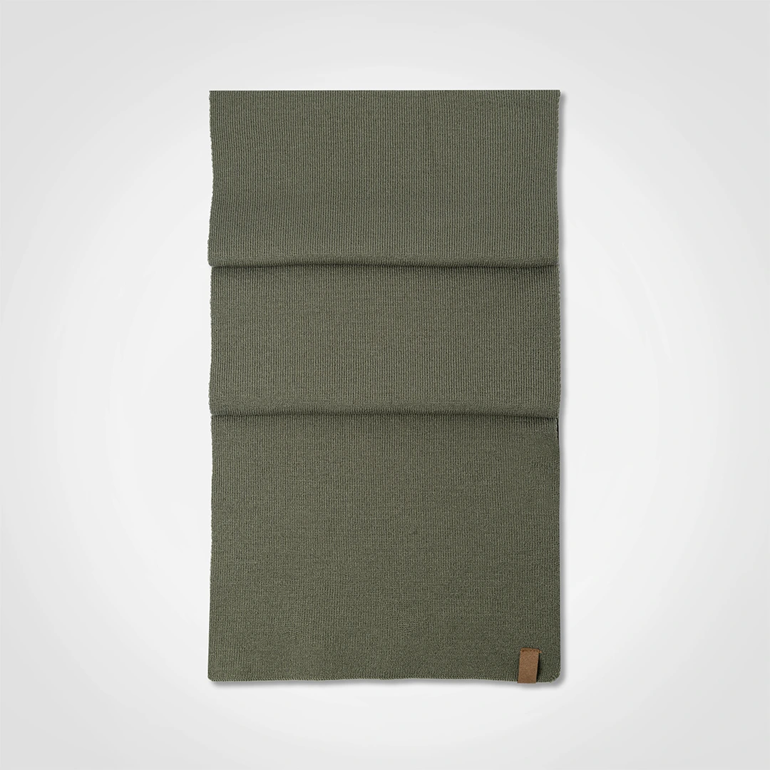 Olive green knit beanie shown from the back.