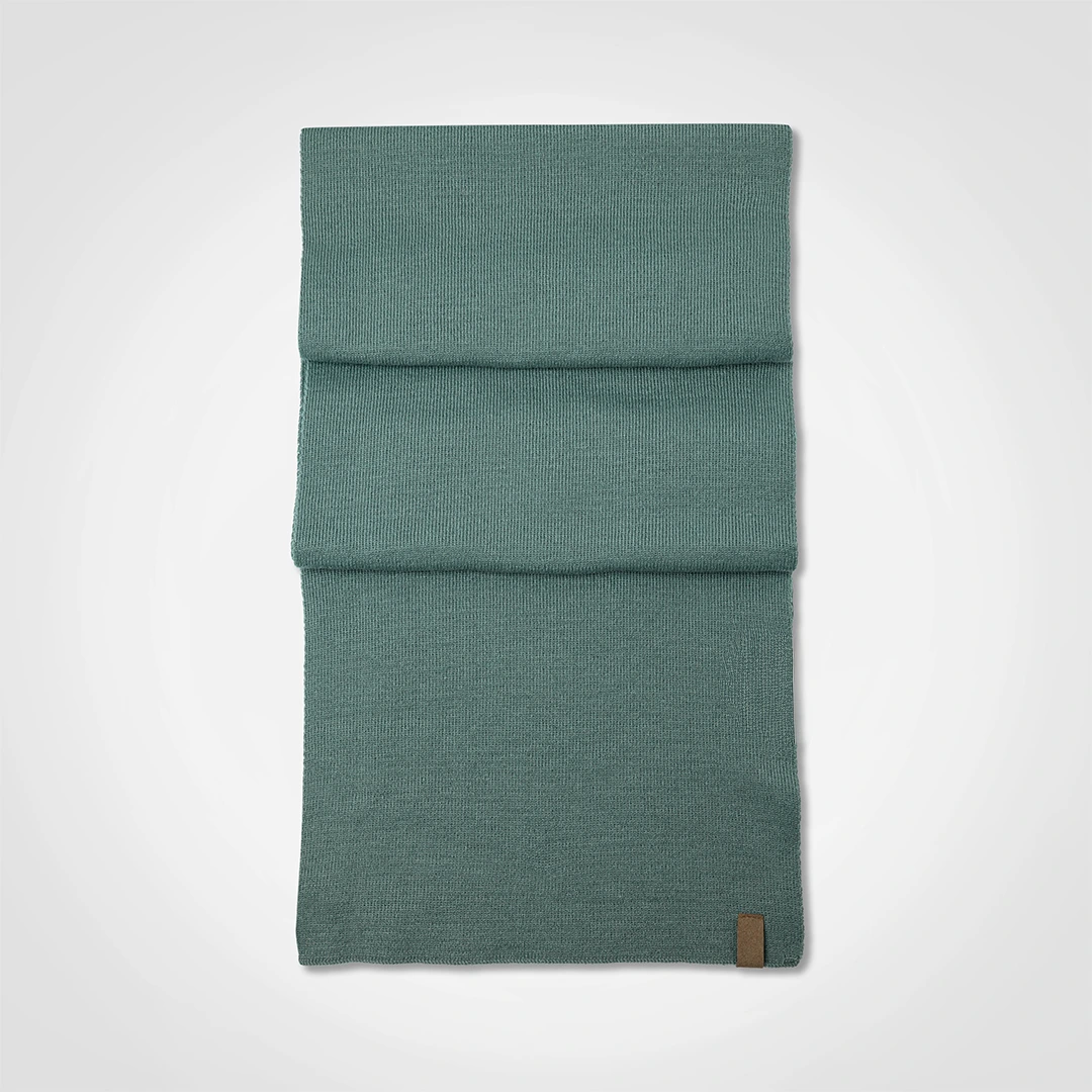 Sage green knit beanie shown from the back.
